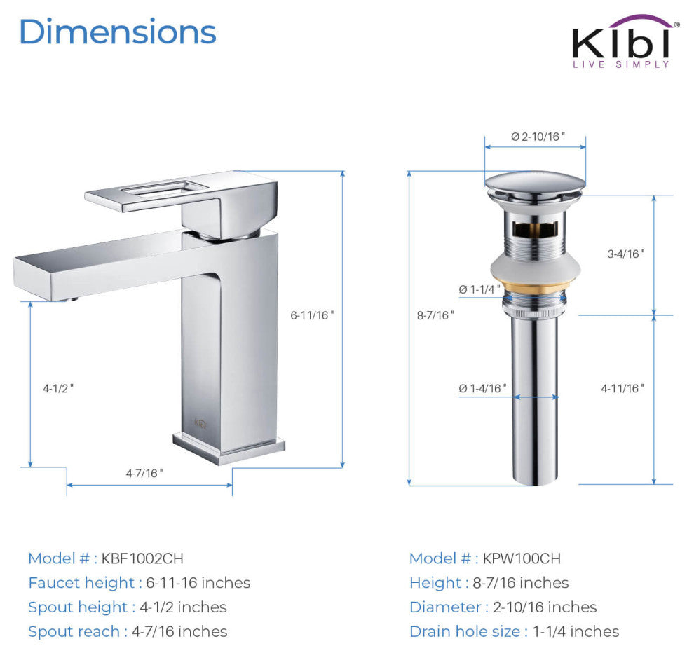 Cubic Single Hole Bathroom Faucet KBF1002, Chrome, W/ Drain
