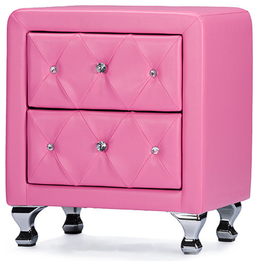 Urban Designs Stella Crystal Tufted Pink Leather Modern Nightstand