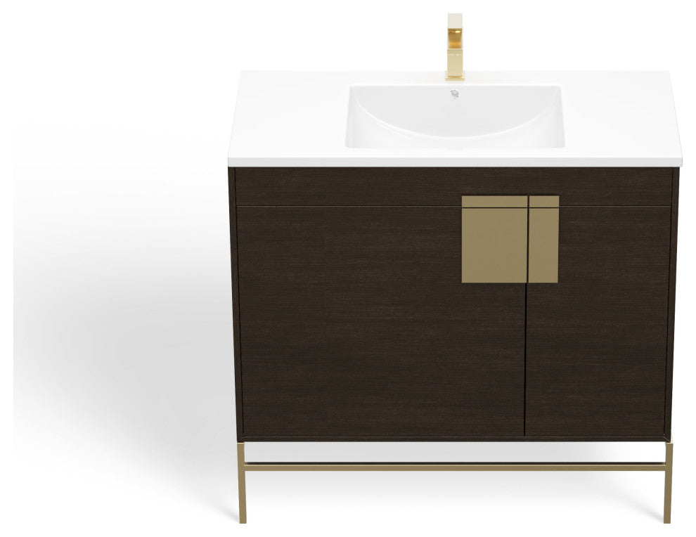 Lockhart Bath Vanity, Black Oak, 36", Satin Brass Hardware, Single Sink, Freestanding