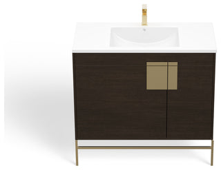 Lockhart Bath Vanity, Black Oak, 36", Satin Brass Hardware, Single Sink, Freestanding