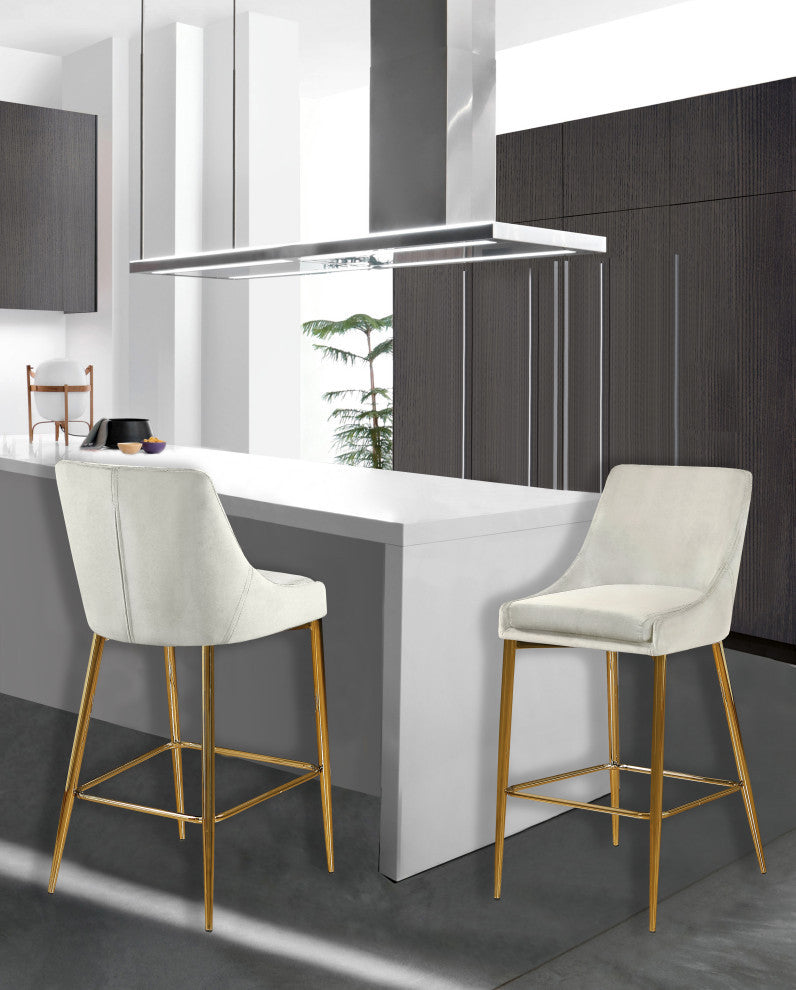 Karina Velvet Stool (Set of 2), Cream, Gold Base