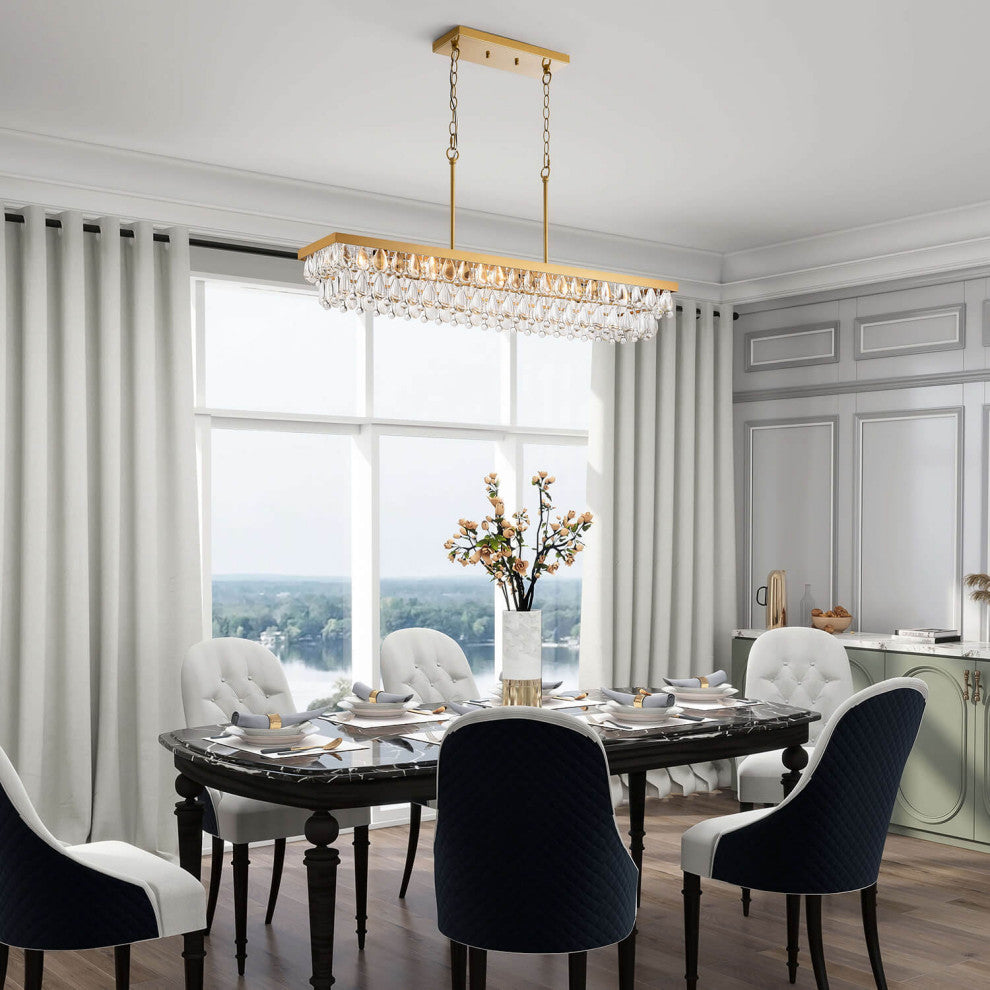 Belle Brushed Brass 8-Light Teardrop Rectangle Larger Chandelier