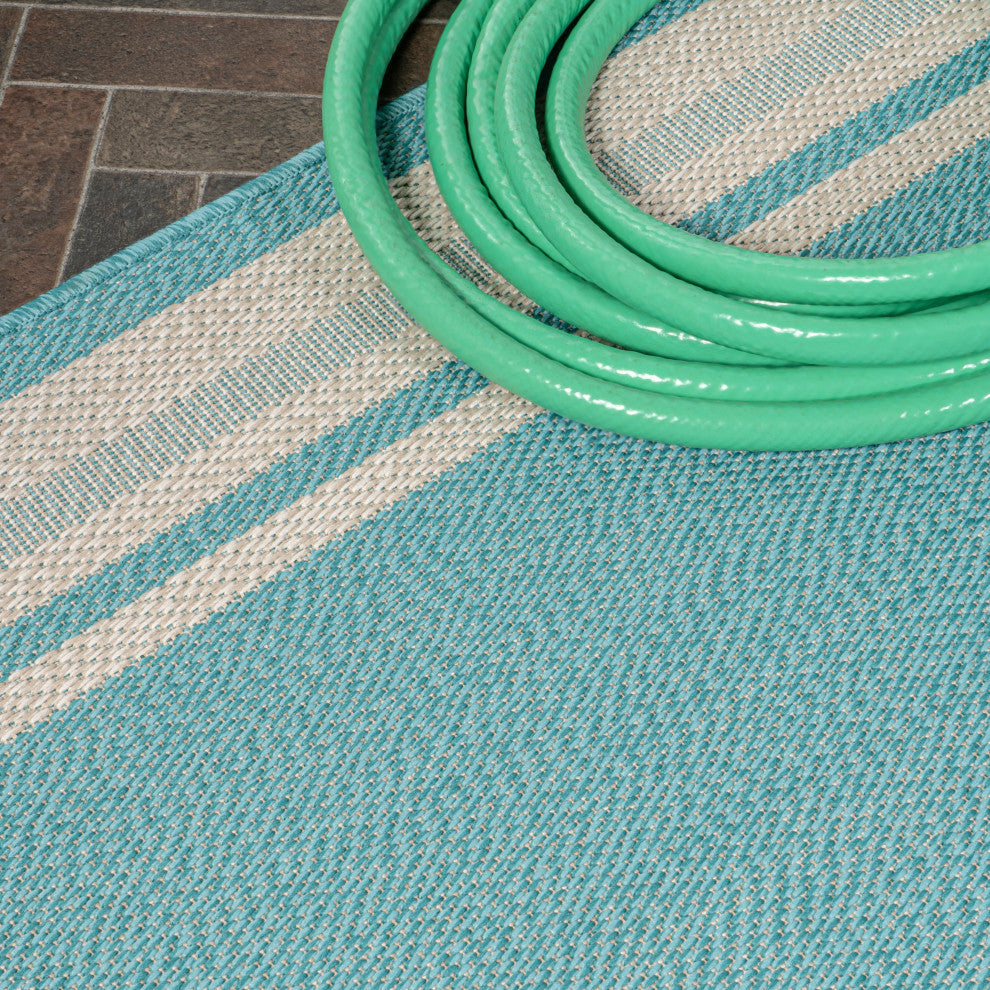 James Modern Border Stripe Indoor/Outdoor Area Rug, Aqua/Beige, 8x10