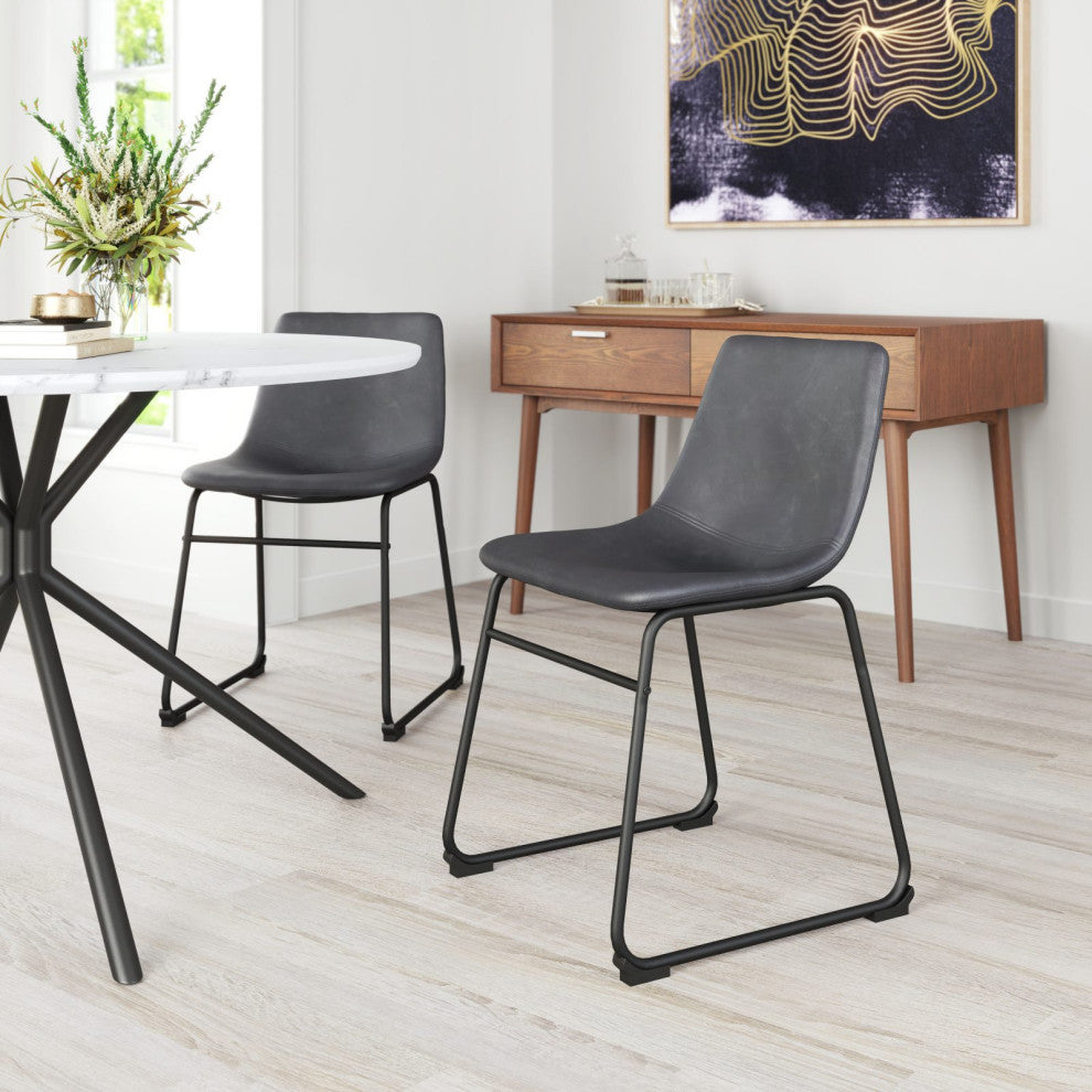 Dining Chair, Set of 2, Faux Vinyl Leather, Charcoal, Gray, Black, Industrial