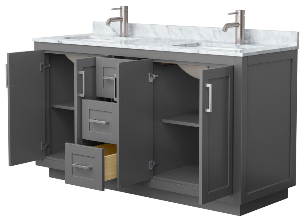 60" Double Bathroom Vanity, Dark Gray, Carrara Countertop, Sinks, Nickel Trim