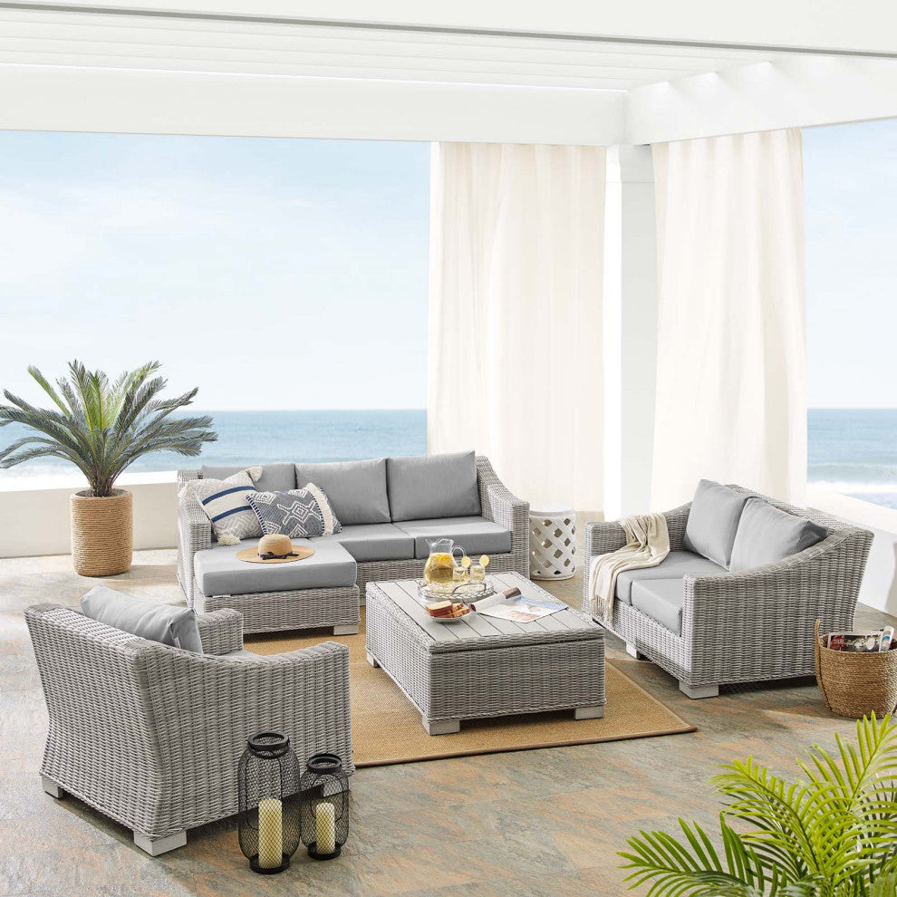 Lounge Sofa Chair Table Set, Rattan, Wicker, Gray, Modern, Outdoor Patio