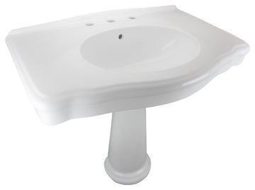 White Pedestal Bathroom Sink Porcelain Widespread Faucet Holes with Overflow
