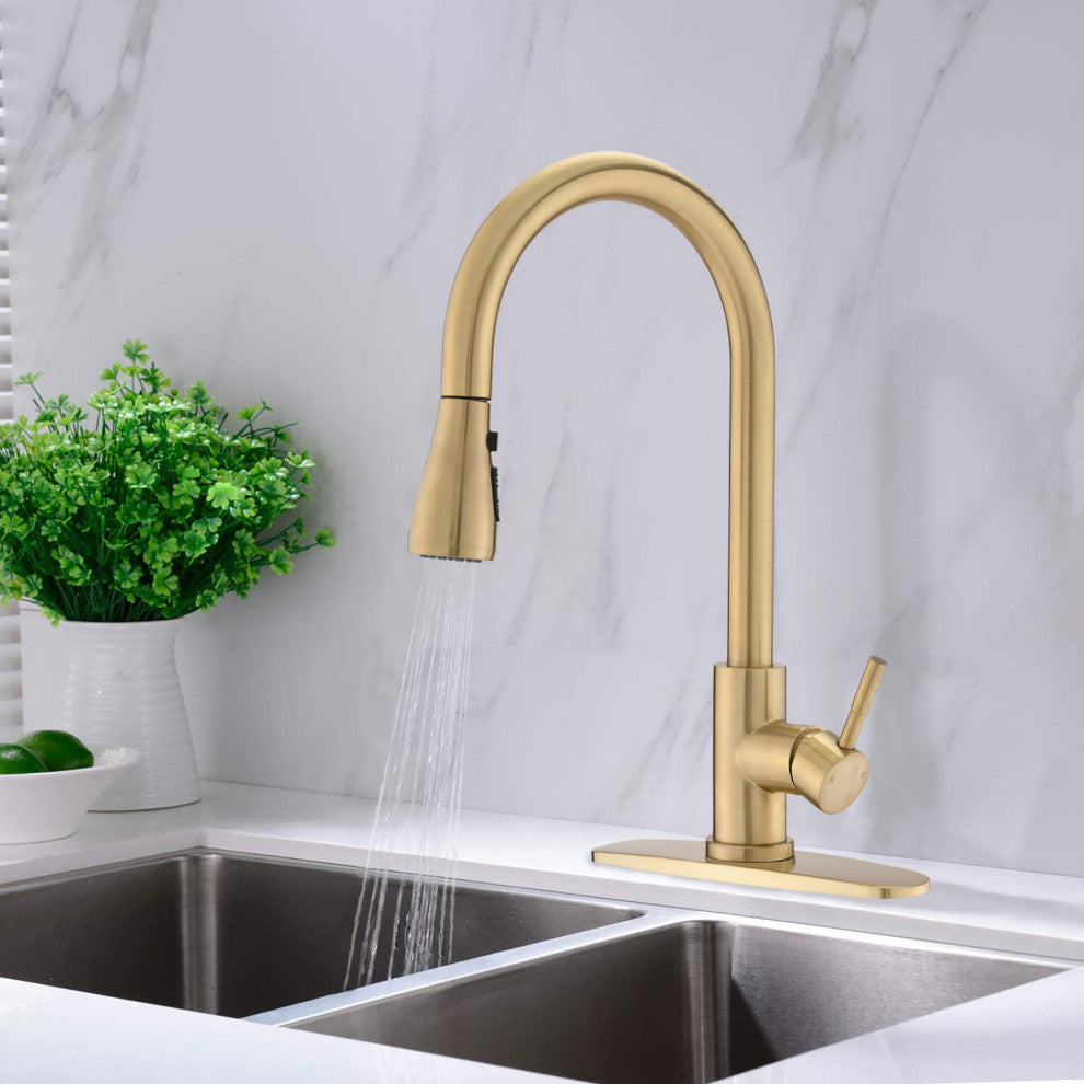 Single Handle Deck Mounted High Arc Pull Down Kitchen Faucet with Sprayer, Brush