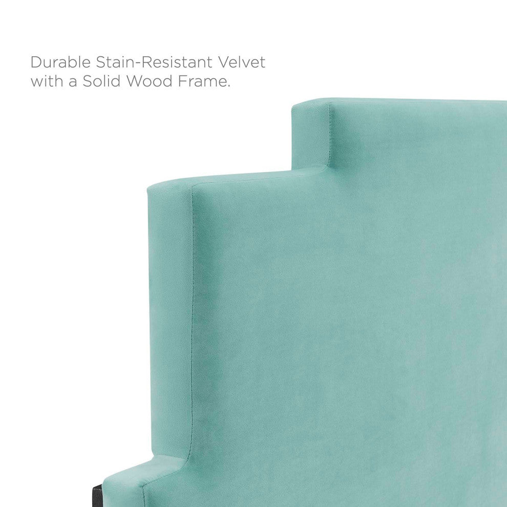 Platform Bed Frame, Queen Size, Velvet, Blue, Modern Contemporary, Bedroom