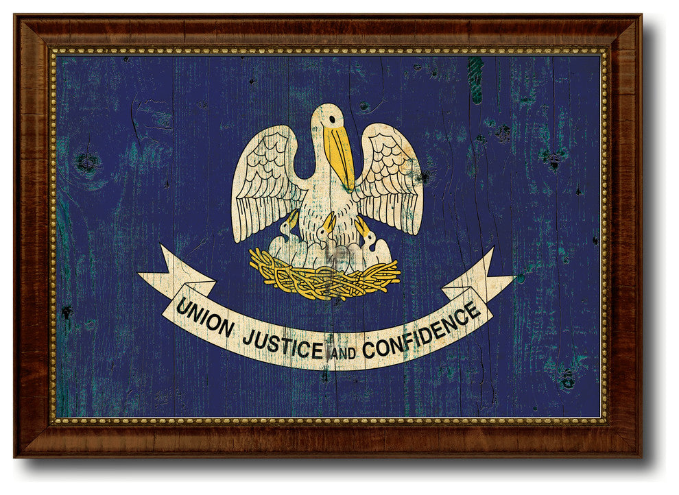 Louisiana State Vintage Flag Print With Brown Gold Frame, 23"X33"
