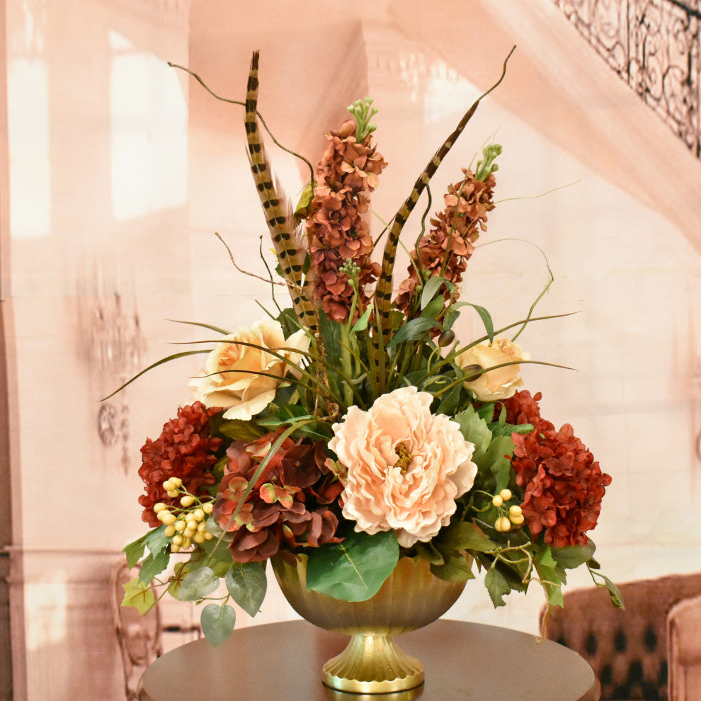 Burgundy and Tan Silk Flower Arrangement with Feathers