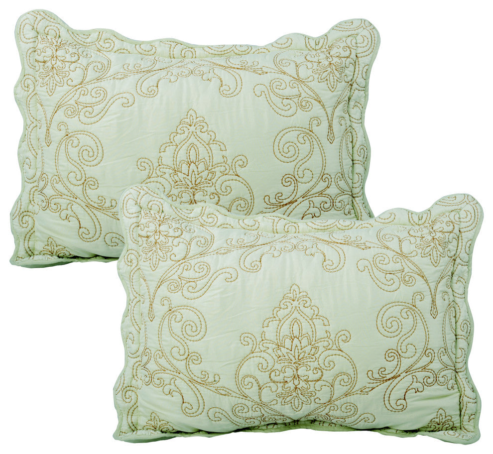Damask Embroidered Quilted 4 Piece Bed Spread Sets, Light Green, Queen