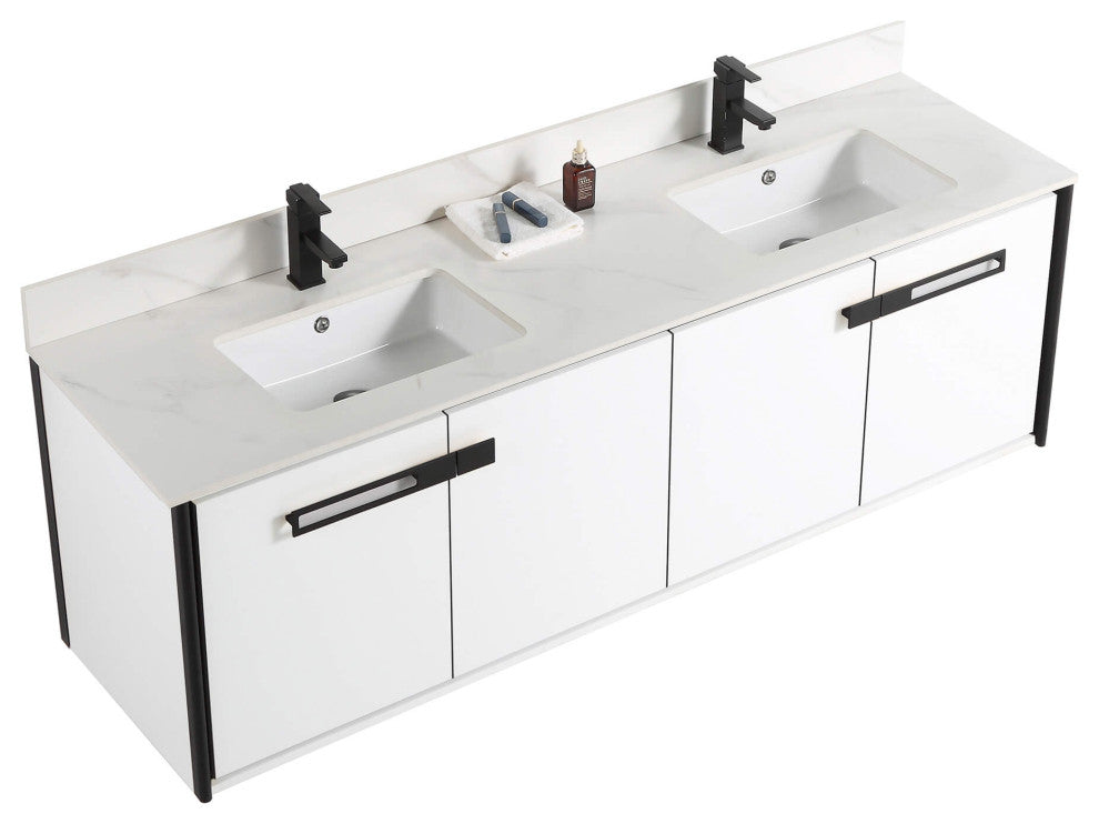 Oakville Wall Mount Bathroom Vanity, White Matte, 72", Black Hardware