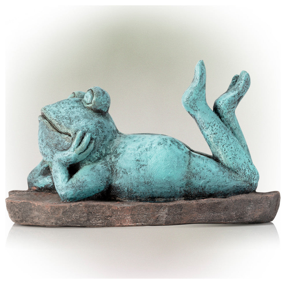 Alpine Frog Laying Down on a Leaf Statue, 8"Tall