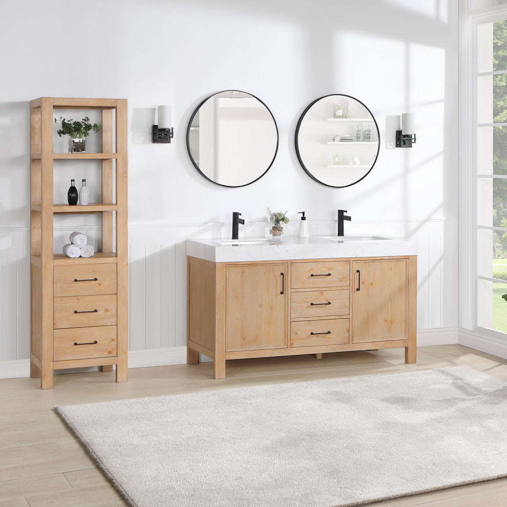 Leon Bath Vanity With Composite Stone Top, Fir Wood Brown, 60" Double Sink, With Mirror