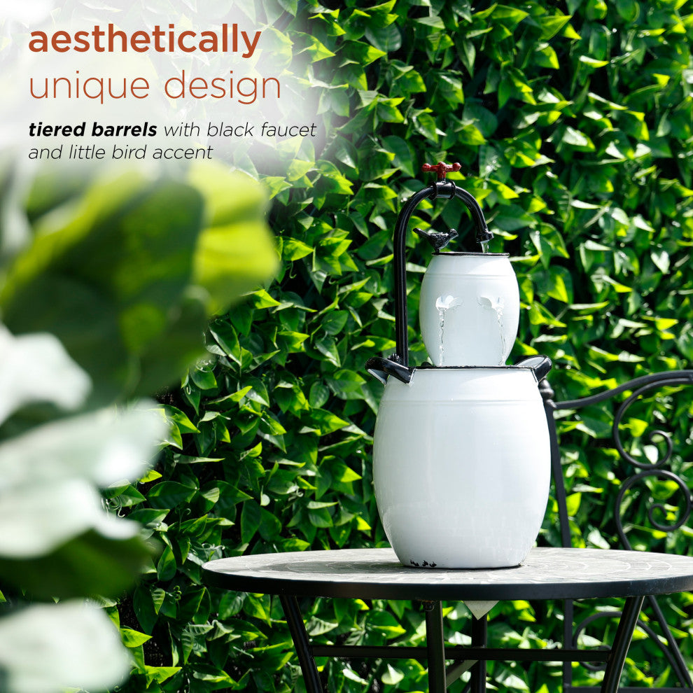 White Barrels and Faucet Tabletop Fountain