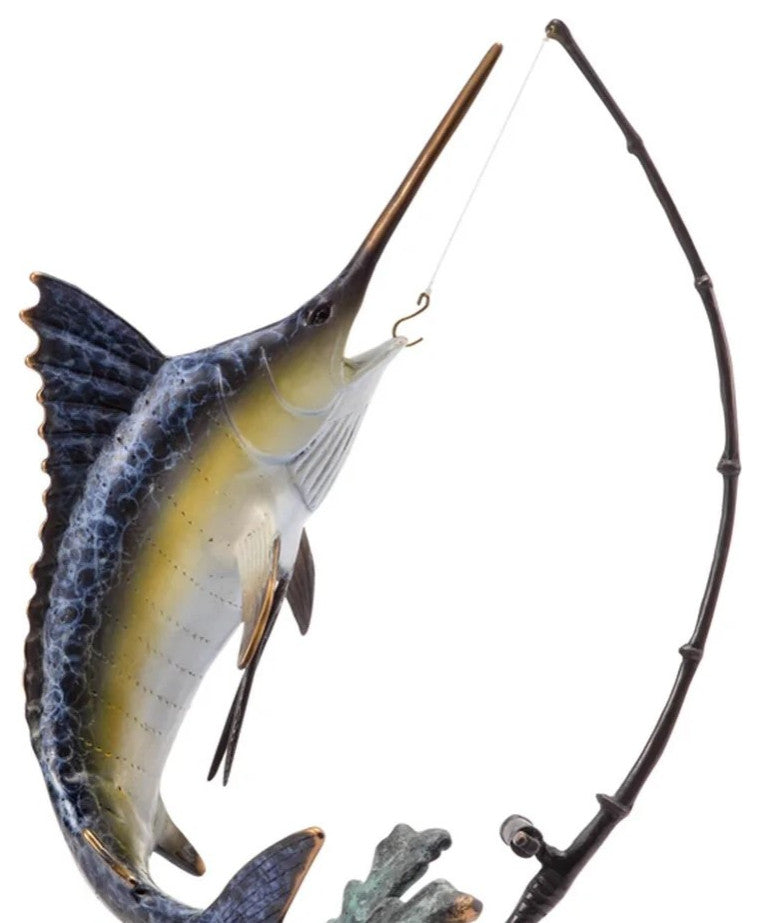 Hand Painted Fighting Marlin with Tackle Statue 15 Inch