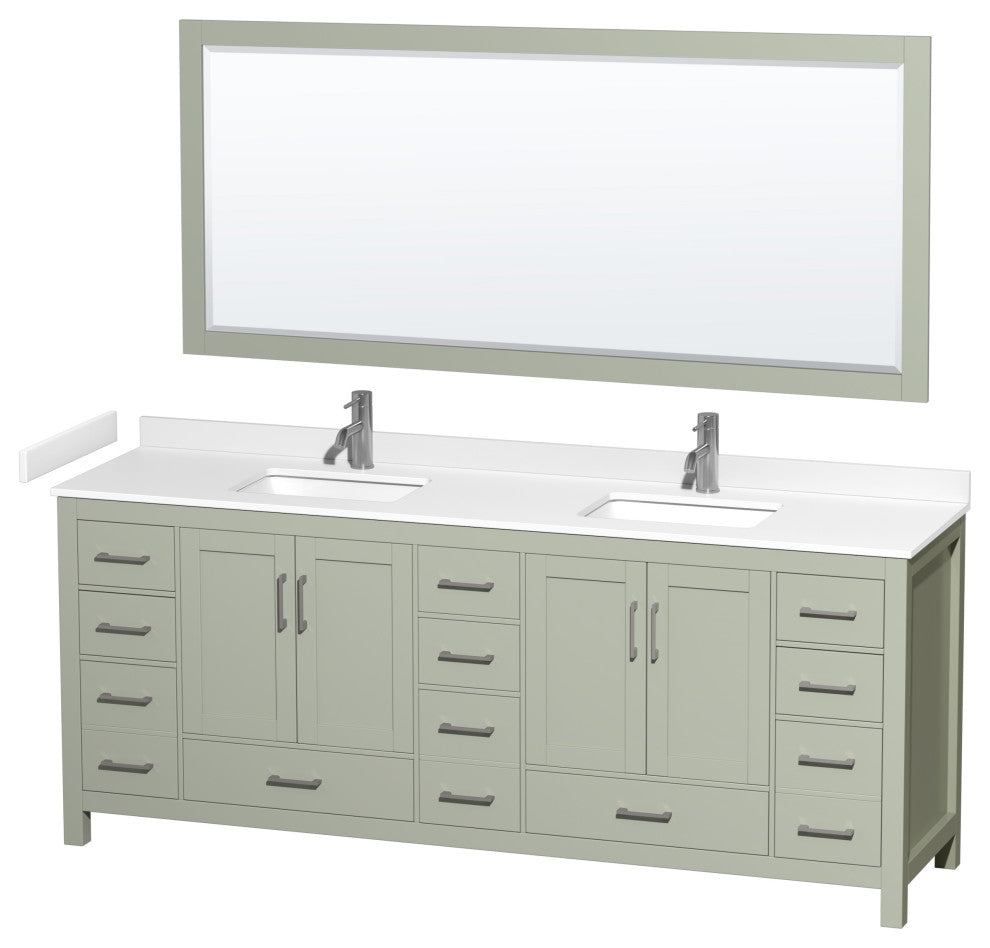 Sheffield 84" Light Green DBL Vanity, White Cult. Marble Top, Sq Sinks, 70" Mrr