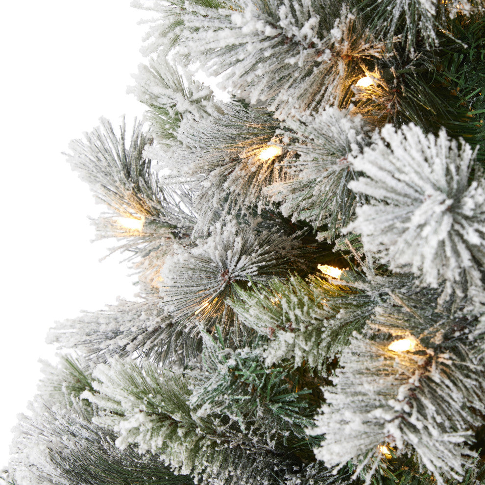 8' Flocked Oregon Pine Faux Xmas Tree W/500 Clear Lights & Bendable Branches