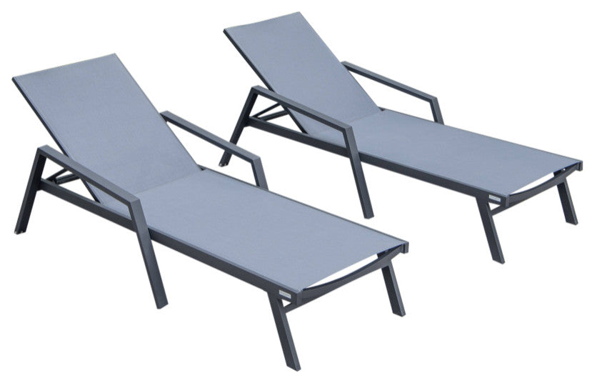 LeisureMod Marlin Outdoor Patio Stackable Chaise Lounge Chair with Arms Set of 2, Dark Gray