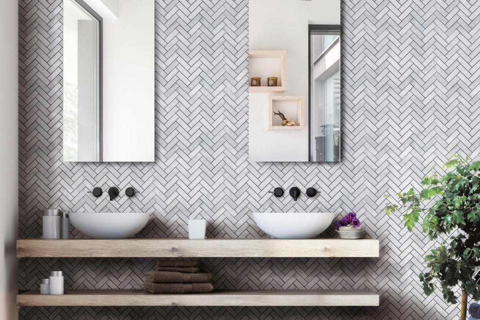 Carrara White 11.2"Ã—12.6" Herringbone Polished Marble Mosaic Tile, 1 Box