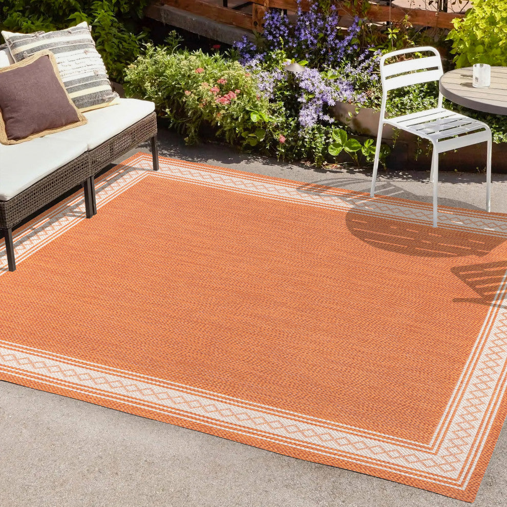 Lucia Classic Diamond Border Indoor/Outdoor Area Rug, Orange/Cream, 8x10
