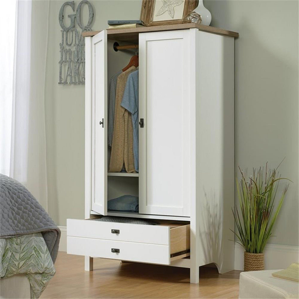 Sauder Cottage Road Engineered Wood Armoire in Soft White and Lintel Oak