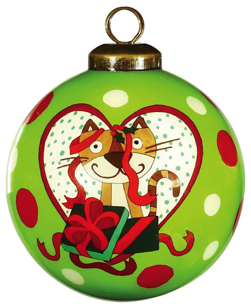 Charming Cat in a Heart Hand Painted Mouth Blown Glass Ornament
