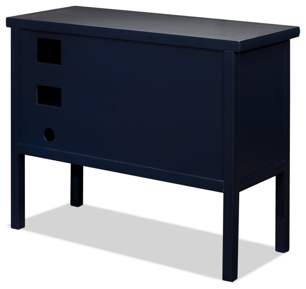 Navy Blue Elmwood Chinese Longevity Motif Cabinet with Lattice Doors