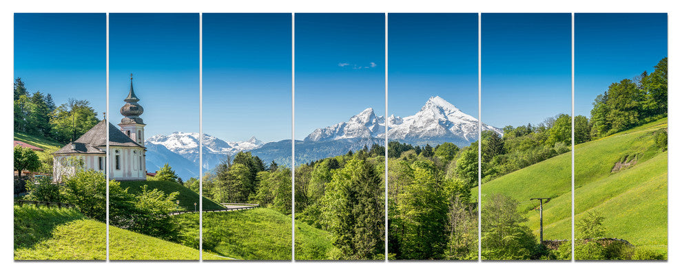 Green Mountain View of Bavarian Alps, Landscape Canvas Print, 83"x32", 7 Panels