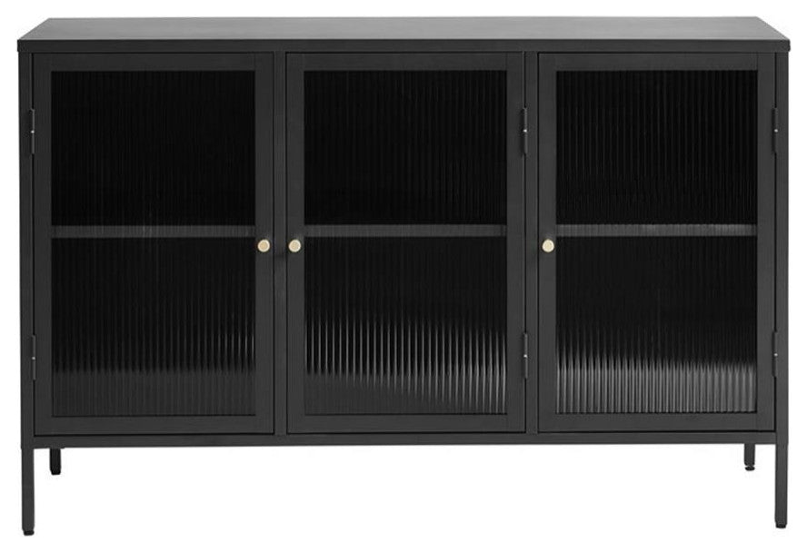 U3-Door Contemporary Glass & Metal Sideboard in Black