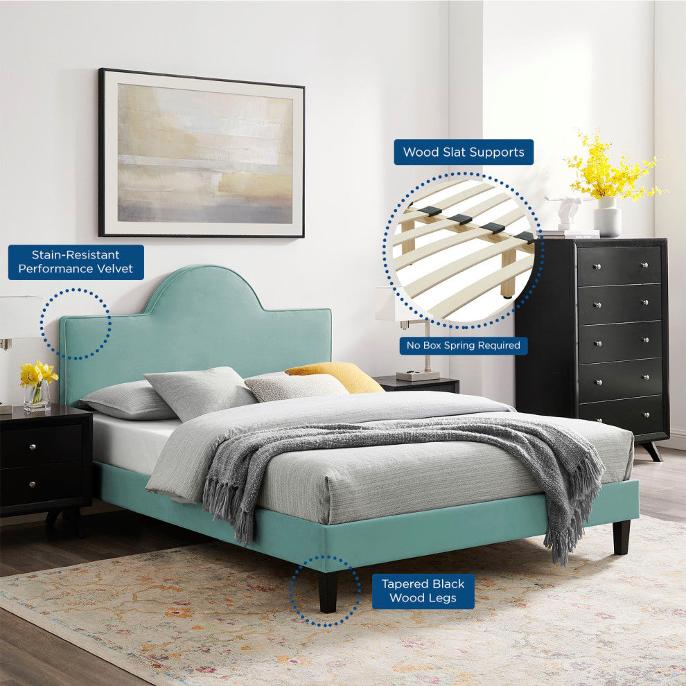Platform Bed Frame, King Size, Blue, Velvet, Modern, Bedroom Master Guest Suite