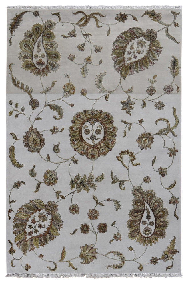 Timberwolf Gray, Rajasthan Design, Wool and Silk Hand Knotted Rug, 6'x9'2"