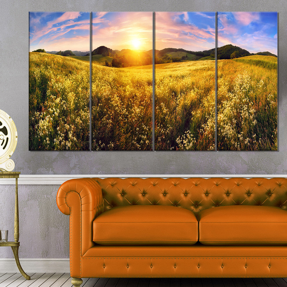 Beautiful Meadow Panorama, Landscape Canvas Art Print, 48"x28", 4 Panels