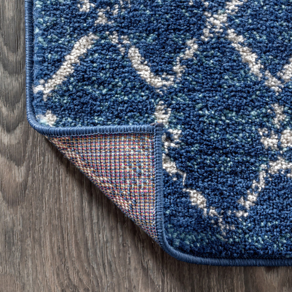 Moroccan HYPE Boho Vintage Diamond Runner Rug, Blue/White, 2 X 8