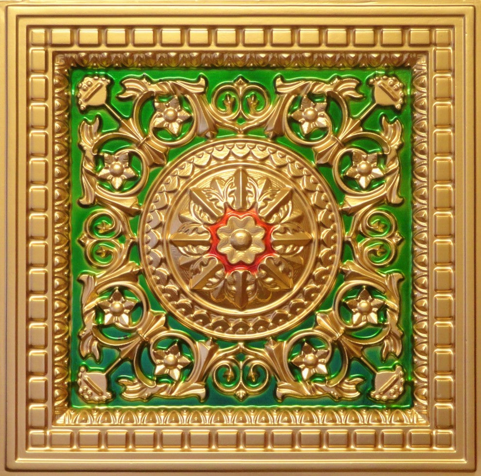 24"x24" 215 Decorative Coffered Drop In Ceiling Tiles, Gold/Green/Red