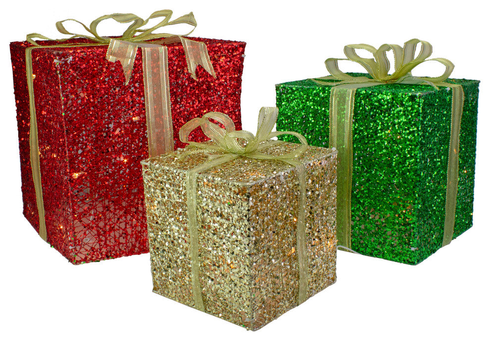 Set of 3 Red and Green Gift Box Lighted Christmas Outdoor Decoration 12"