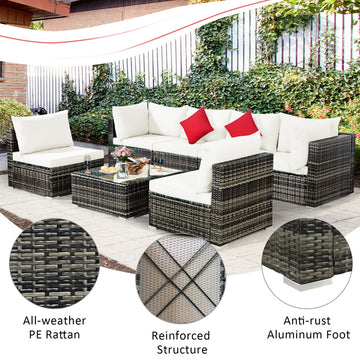 Costway 7PCS Patio Rattan Furniture Set Sectional Sofa Garden White Cushion