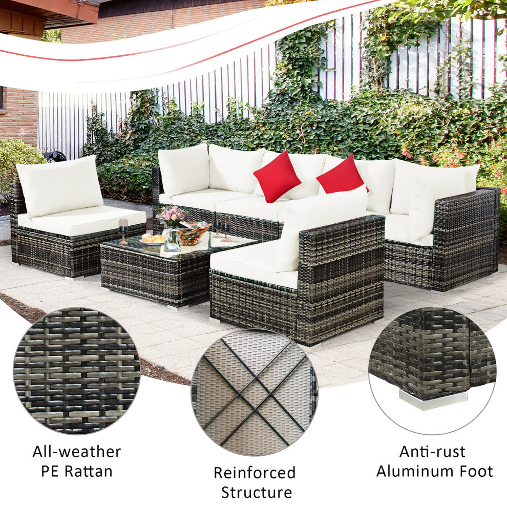 Costway 7PCS Patio Rattan Furniture Set Sectional Sofa Garden White Cushion