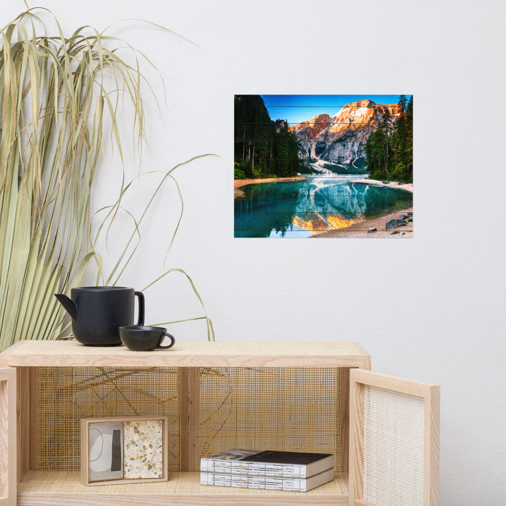 Faux Wood Misty Lake and Snow-cap Mountain Reflections Unframed Wall Art Prints, 16" X 20"