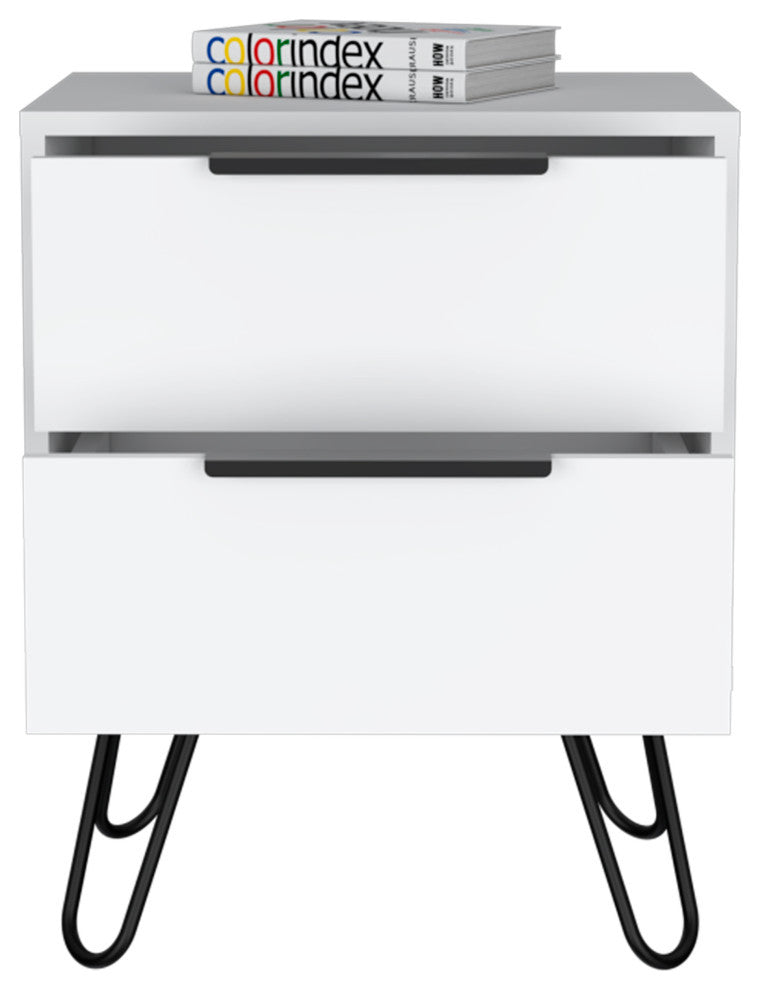 Nuvo 22-inch Tall Nightstand with 2 Drawers, and Hairpin Legs, White