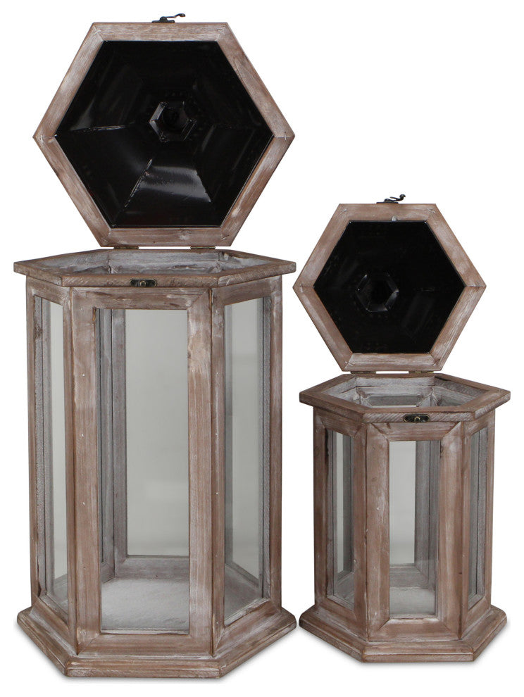 2-Piece Hexagonal Lantern With Black Metal Top