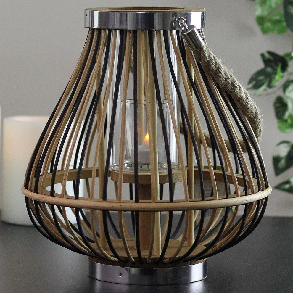 11" Rustic Chic Pear Shaped Rattan Candle Holder Lantern With Jute Handle