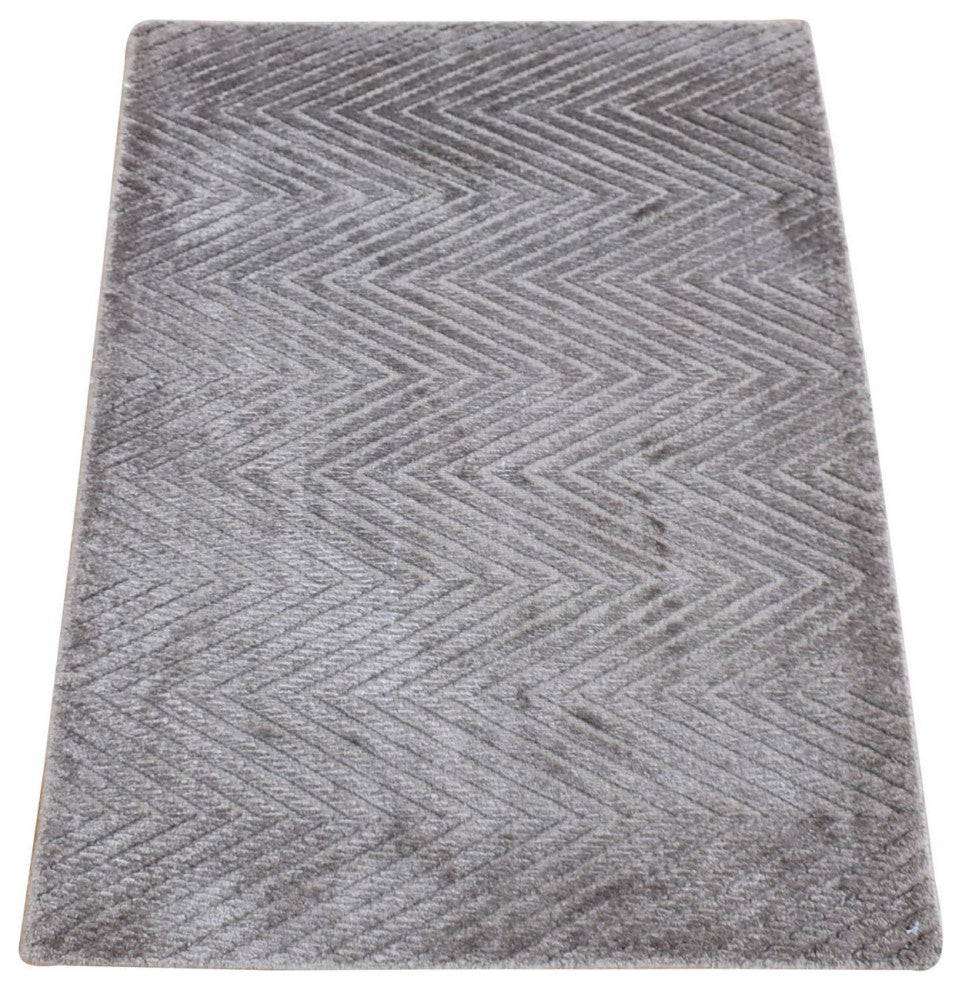 Brown Wool and Based Silk Modern Chevron Design Hand Loomed Mat Rug, 2'1"x3'0"