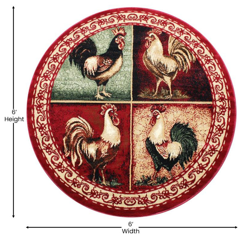 Gallus Collection Rooster Themed Olefin Area Rug, Red, 6' X 6'