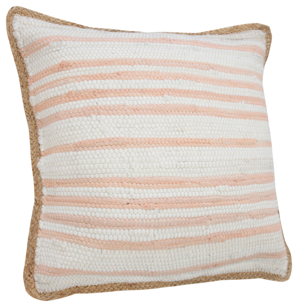 Coral Pink and White Striped Jute Bordered Throw Pillow