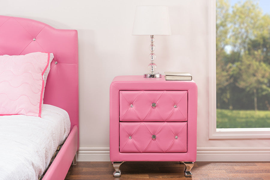 Stella Crystal Tufted Pink Leather Modern Nightstand