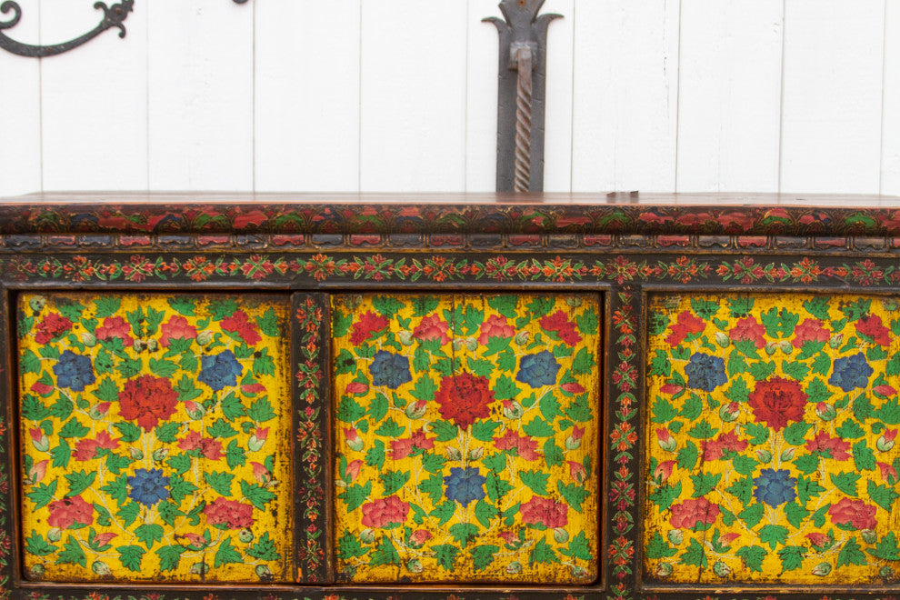 Antique Painted Floral Tibetan Cabinet