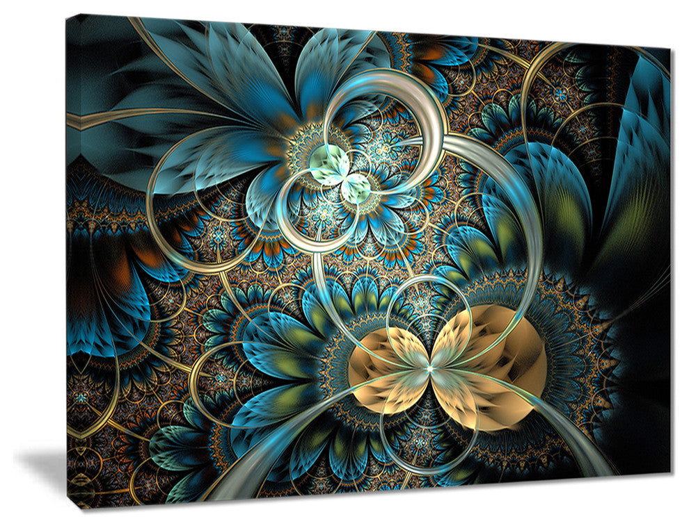 "Symmetrical Blue Gold Fractal Flower" Digital Wall Art, 20"x12"