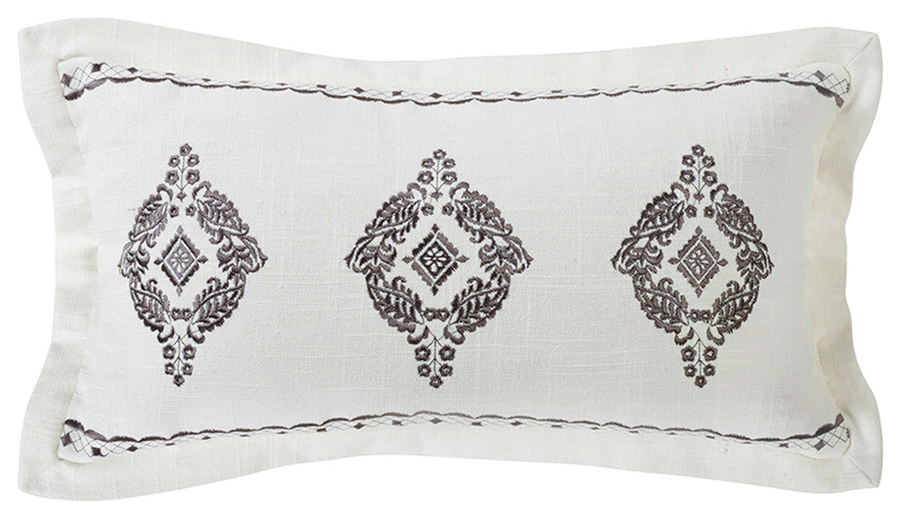 Oblong Grey Embroidered Lace Design Pillow With Flange, 10x18